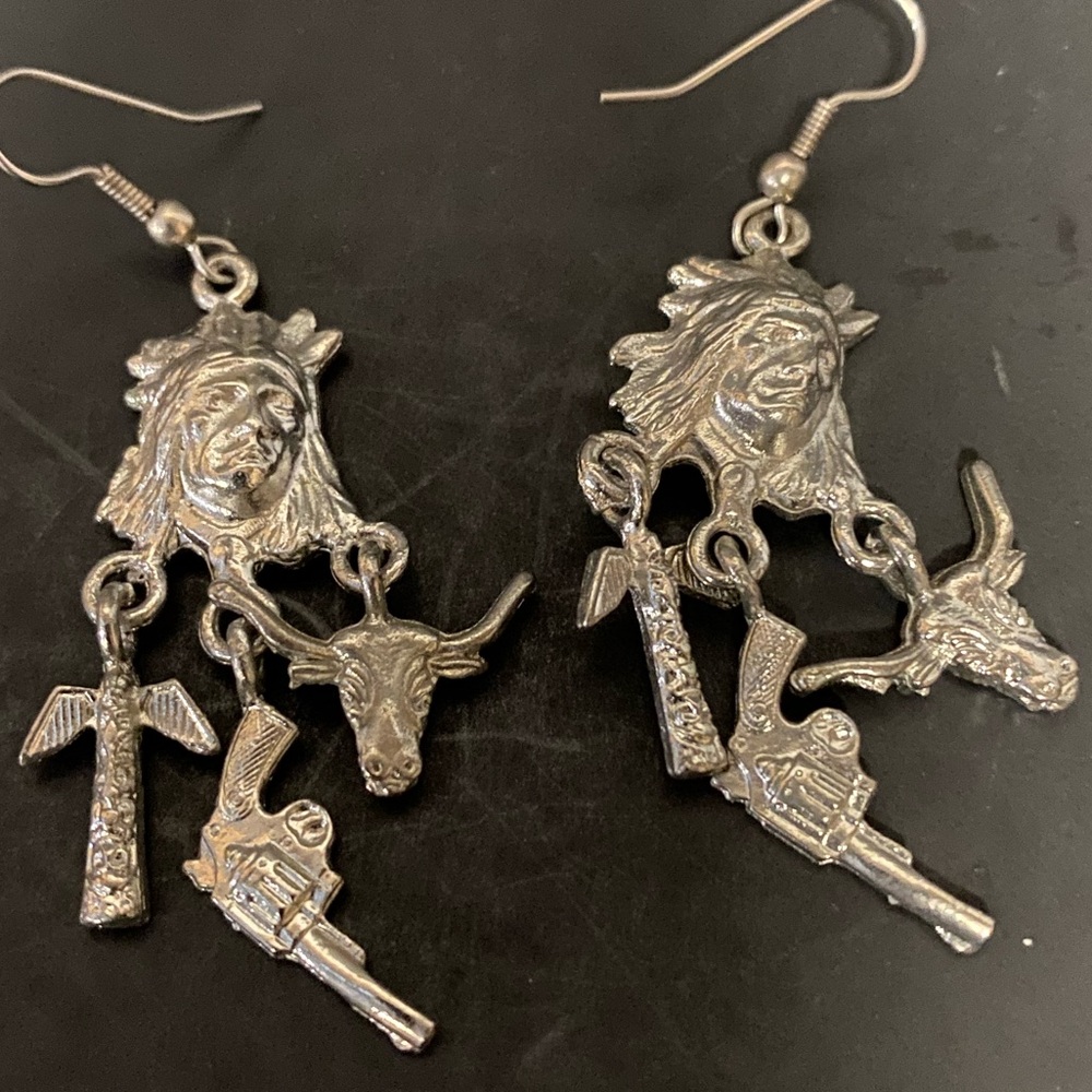 Silver Western Themed Dangle Earrings
